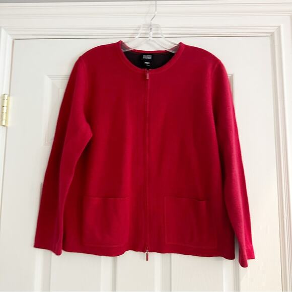 Eileen Fisher Red Knit Cotton Sweater Cardigan Front Zip Pockets Small - Picture 3 of 12